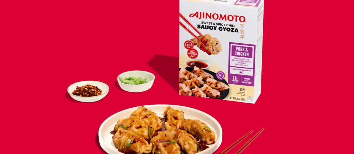 Ajinomoto Sweet and Spicy Chili Saucy Gyoza package beside a plate of pork and chicken dumplings