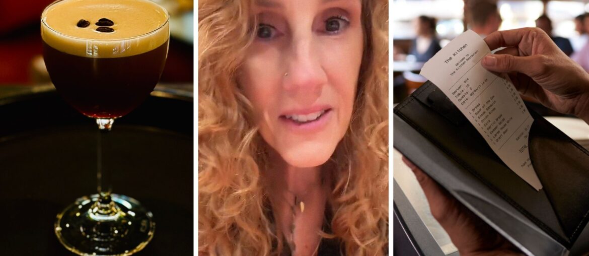 Mini expresso martini (l) woman shares restaurant experience (c) restaurant bill (r)