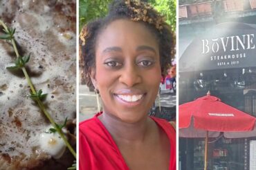 juicy steak (l) woman shares restaurant review (c) Bovine steakhouse entrance (r)