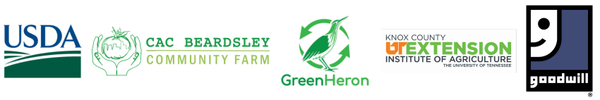 Logos of USDA, CAC Beardsley Community Farm, Green Heron Compost Services, Knox County UT Extension Institute of Agriculture University of Tennessee, and Goodwill. Community Partners 2