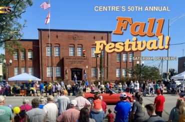 Centre’s 50th annual Fall Festival graphic featuring a downtown parade crowd and autumn-colored lettering.