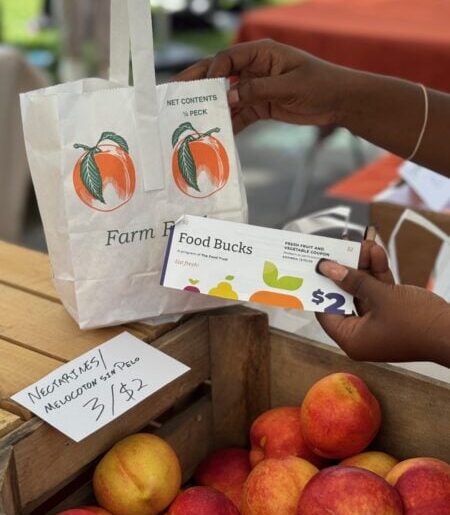 A shopper uses a PA Food Bucks voucher to buy fresh produce