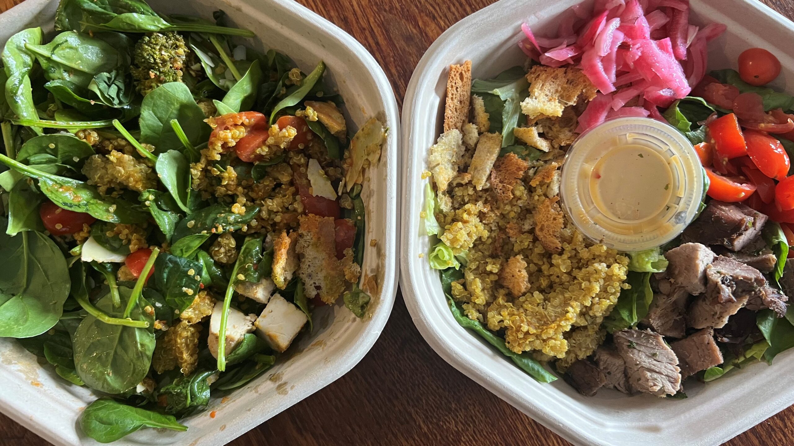 chicken pesto parm and steak honey crunch bowls from sweetgreen