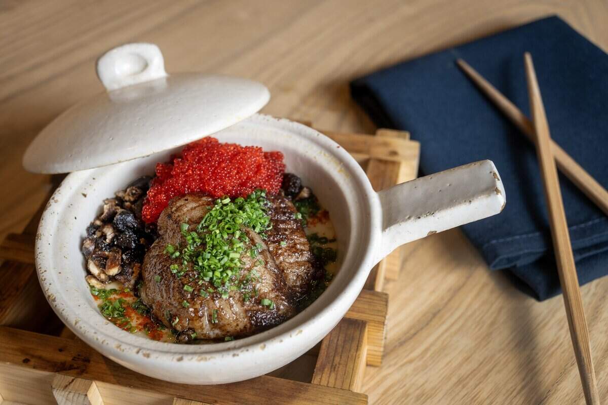 Chawanmushi, a dish featuring Missouri catfish, black olive oil, trout roe, chives, and fried heirloom corn, at Anjin, a 20-seat Japanese Izakayas-style restaurant, on Monday, March 16, 2026, in Kansas City.