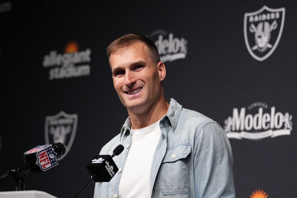 Las Vegas Raiders quarterback Kirk Cousins speaks with media after a game against the Miami Dolphins at Allegiant Stadium in Paradise, Nevada, Sunday, Sept. 13, 2026.
