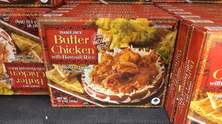 Trader Joe's butter chicken frozen meal on shelf