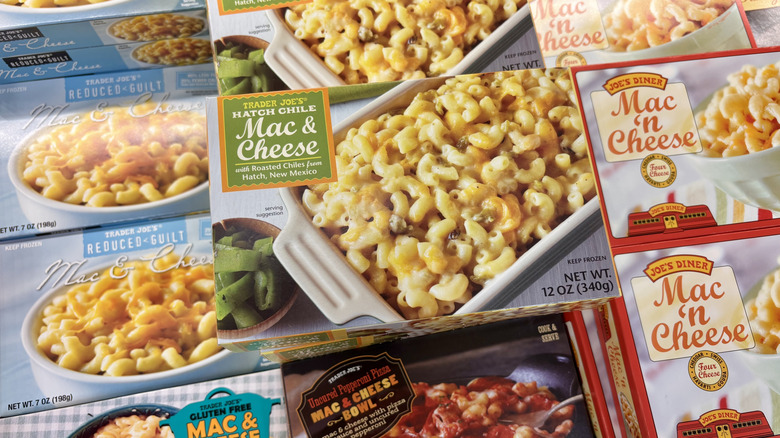 Trader Joe's Hatch chile mac and cheese frozen meal next to other frozen meals