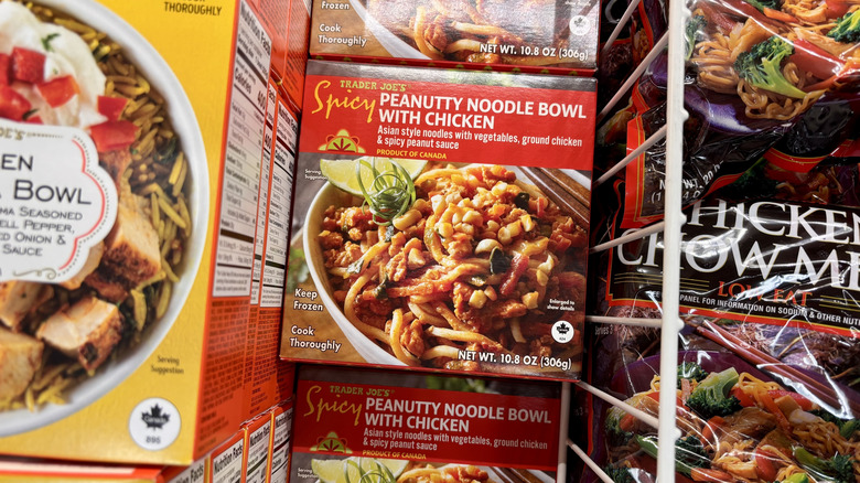 Trader Joe's spicy peanutty noodle bowl frozen meal in the frozen foods aisle