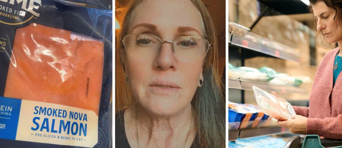 salmon pack (l) woman shares salmon concern (c) woman grocery shopping (r)