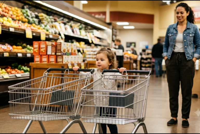 Viral video: Toddler struggles to manage two grocery carts but refuses to give up; why letting children solve small problems on their own can teach them a big lesson about patience, confidence and independence