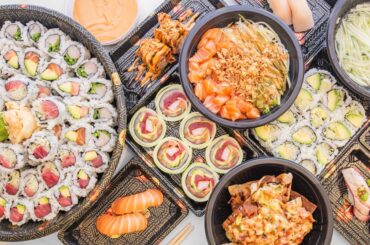 Platters of sushi rolls, poke bowl and sushi nachos at Wasabi Kosher Sushi in Oakhurst, NJ
