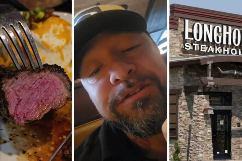 Juicy steak (l) man shares food order (c) Longhorn steakhouse entrance (r)