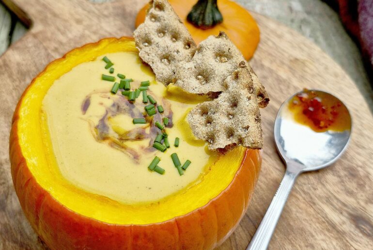 End of the Road Recipes: Roasted Pumpkin Gjetost Soup with Lingonberry Chili Crisp