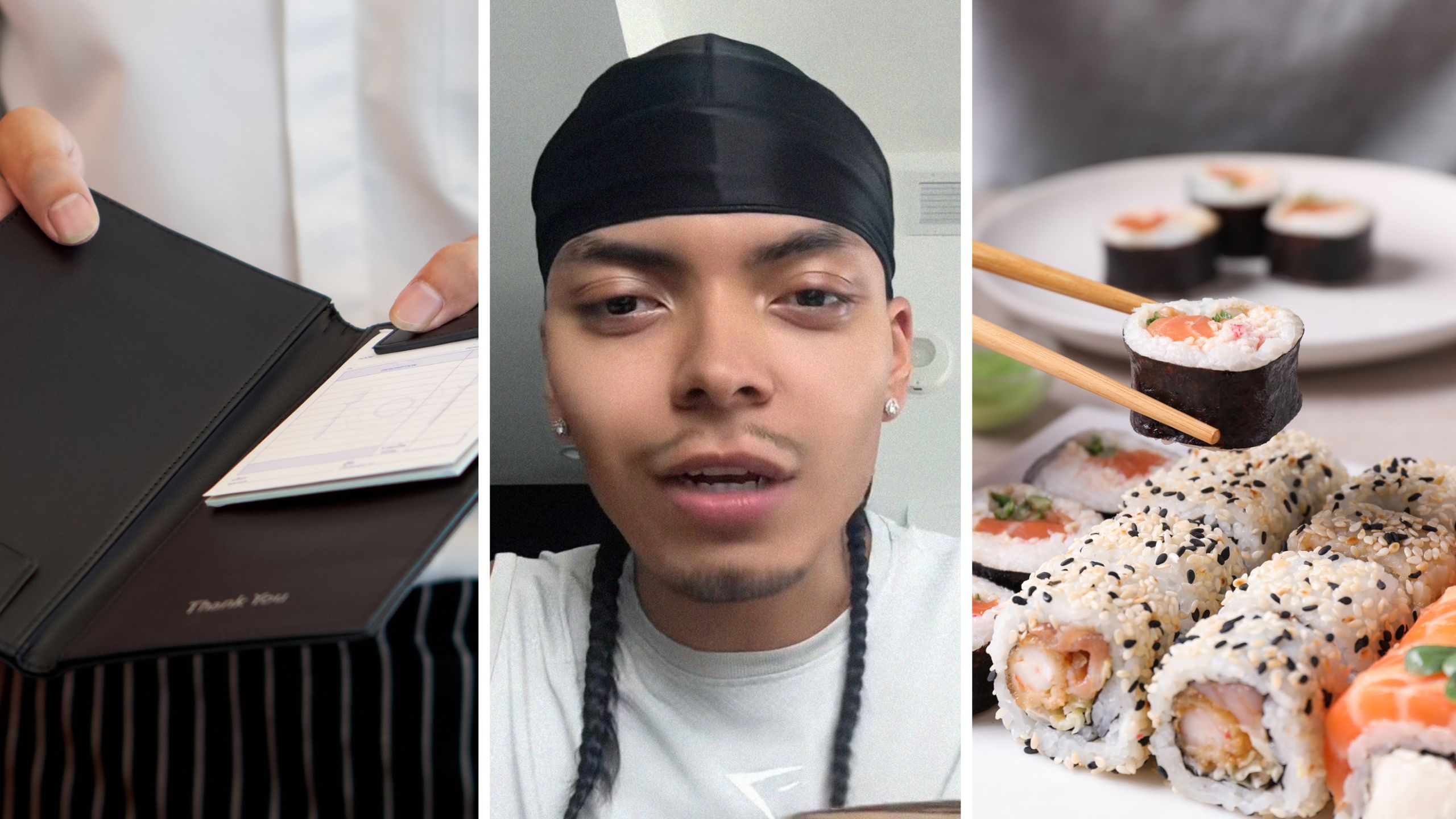 restaurant bill (l) man shares dining out scam (c) man eating Sushi (r)